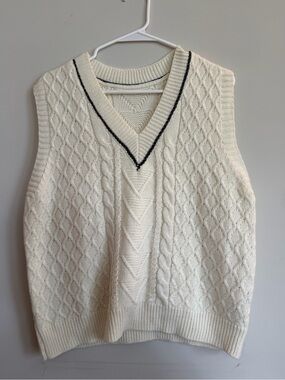Cream Cable Knit V-Neck Sweater Vest with Black Trim